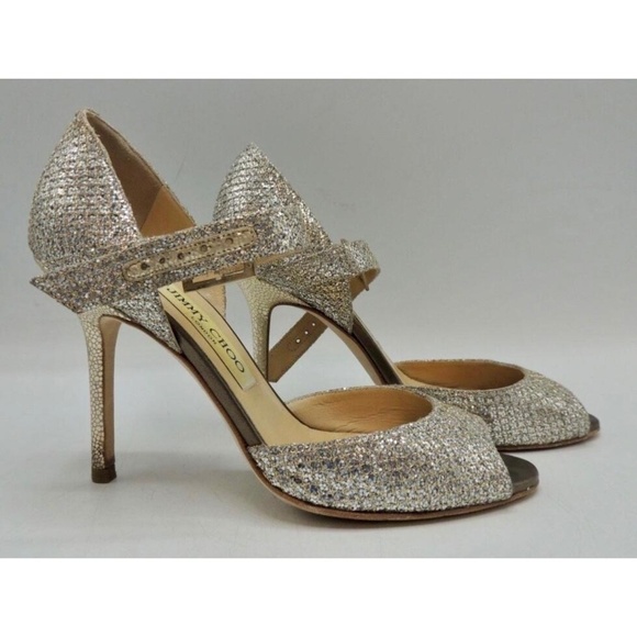 Jimmy Choo Glitter Stiletto Heels Peep Toe Mary Jane Ankle Strap Shoes 35.5 us 5 - Picture 2 of 15